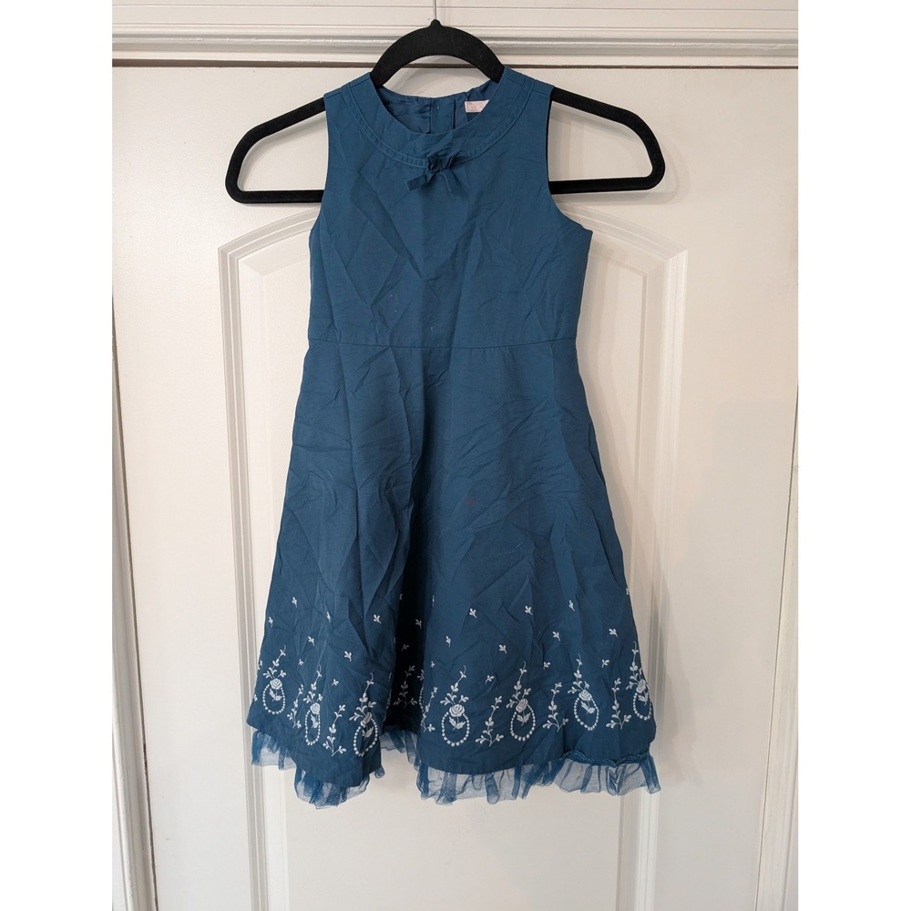 Janie and Jack Blue Floral Embroidered Sleeveless Dress Tulle Trim Mock Neck